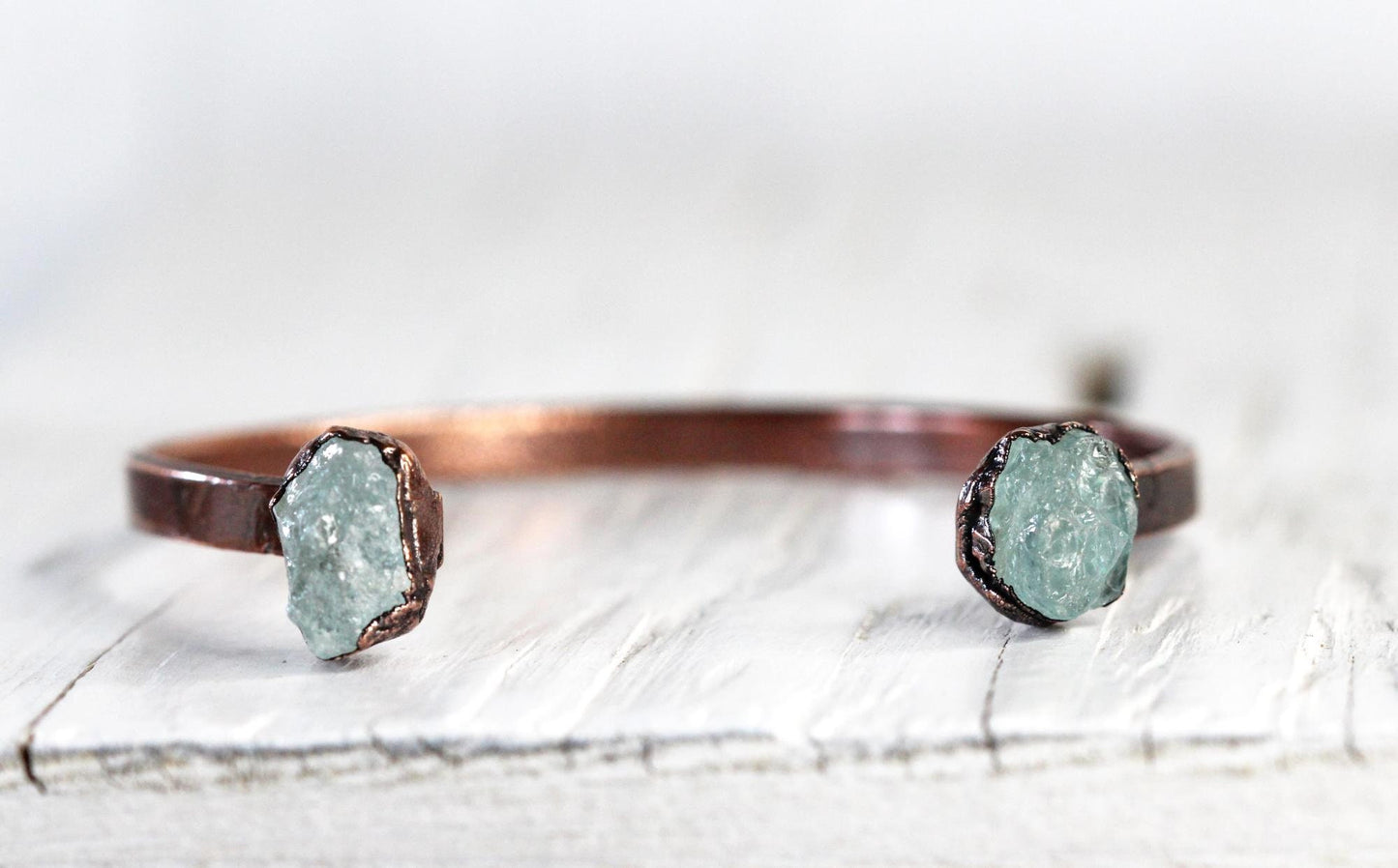 Raw Aquamarine Bracelet - March Birthstone - Open Copper Cuff - Raw Crystal Bracelet - Double Stone Bracelet