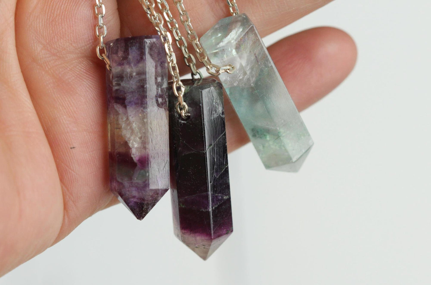Rainbow Fluorite Necklace - Fluorite Point Pendant - Silver Layering Necklace