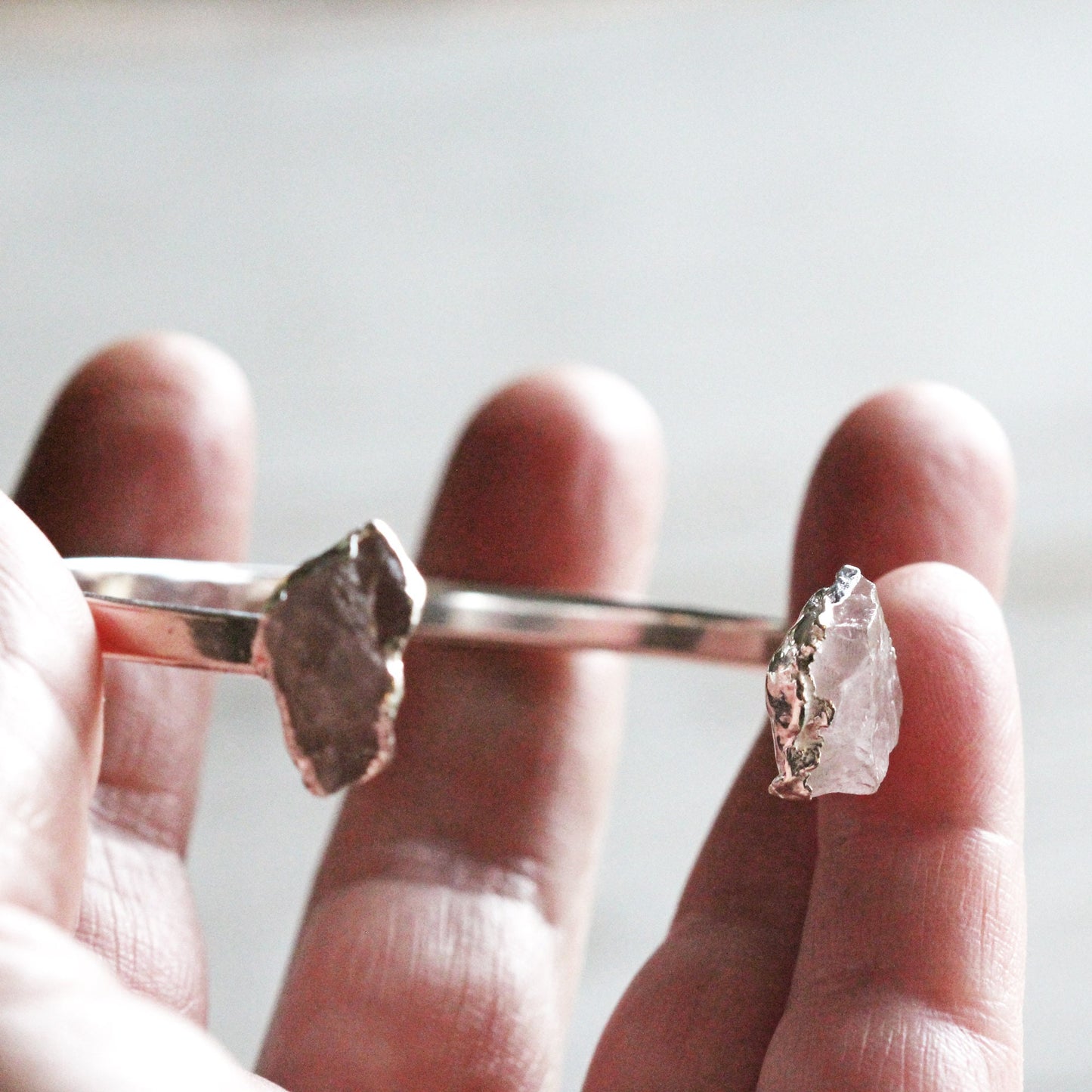 Rose Quartz Bracelet - Open Copper Cuff - Raw Crystal Bracelet - Double Stone Bracelet