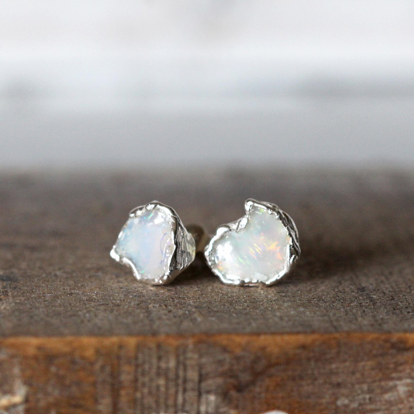 Opal Earrings - Raw Stone Studs - Rough Ethiopian Opal
