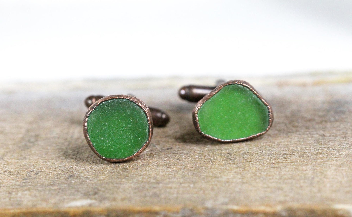Beach Glass Cufflinks - Gift for Dad - Green Seaglass Cuff Links