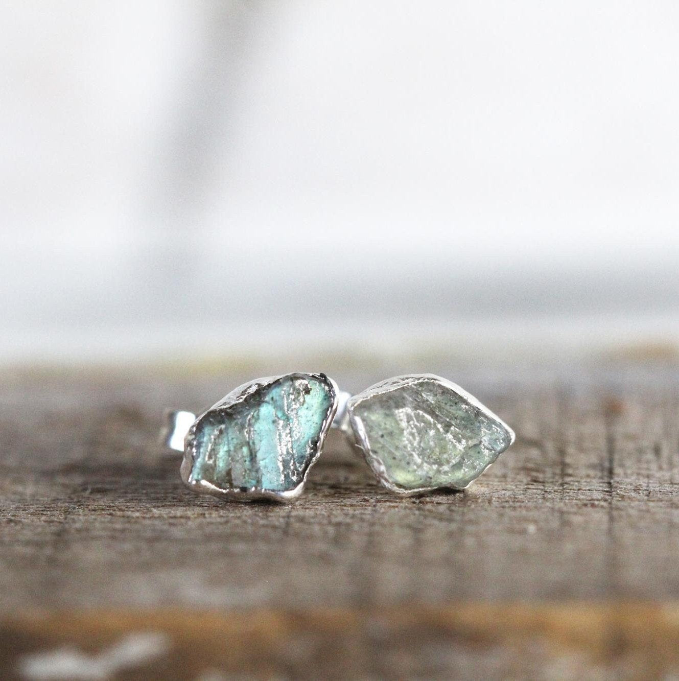 Raw Labradorite Studs - Labradorite Earrings - Raw Stone Copper Earrings