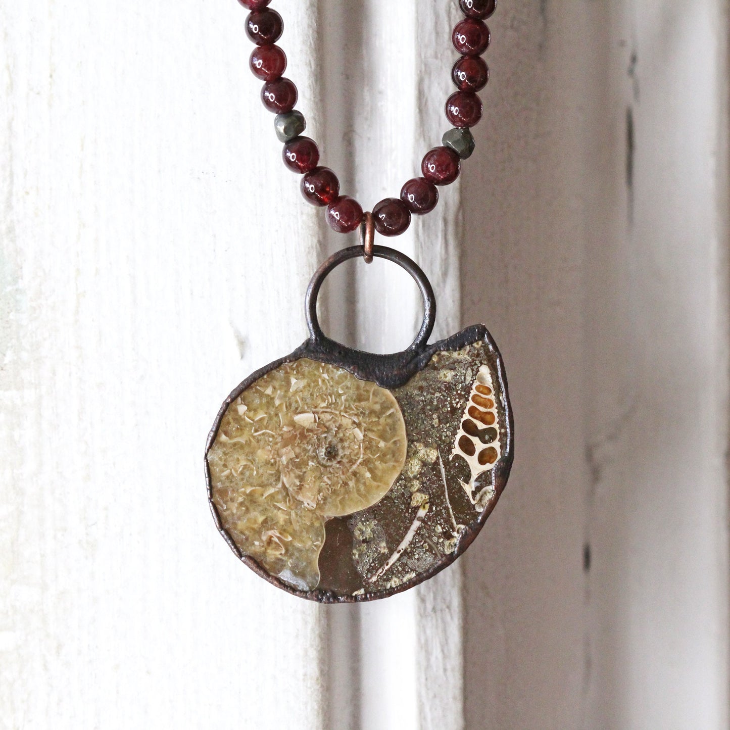 Ammonite Necklace - Fossil Jewelry - Garnet Jewelry - Large Stone Pendant - Unisex Necklace - Beaded Necklace