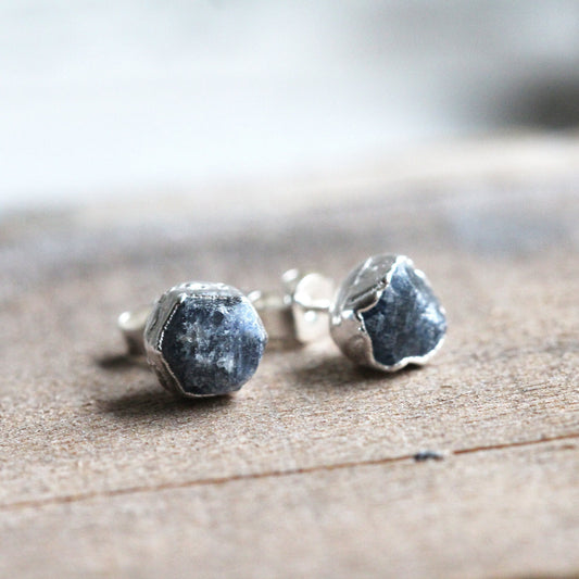 Raw Sapphire Earrings - September Birthstone Jewelry - Sterling Silver Earrings - Rough Stone Studs - Crystal Earrings