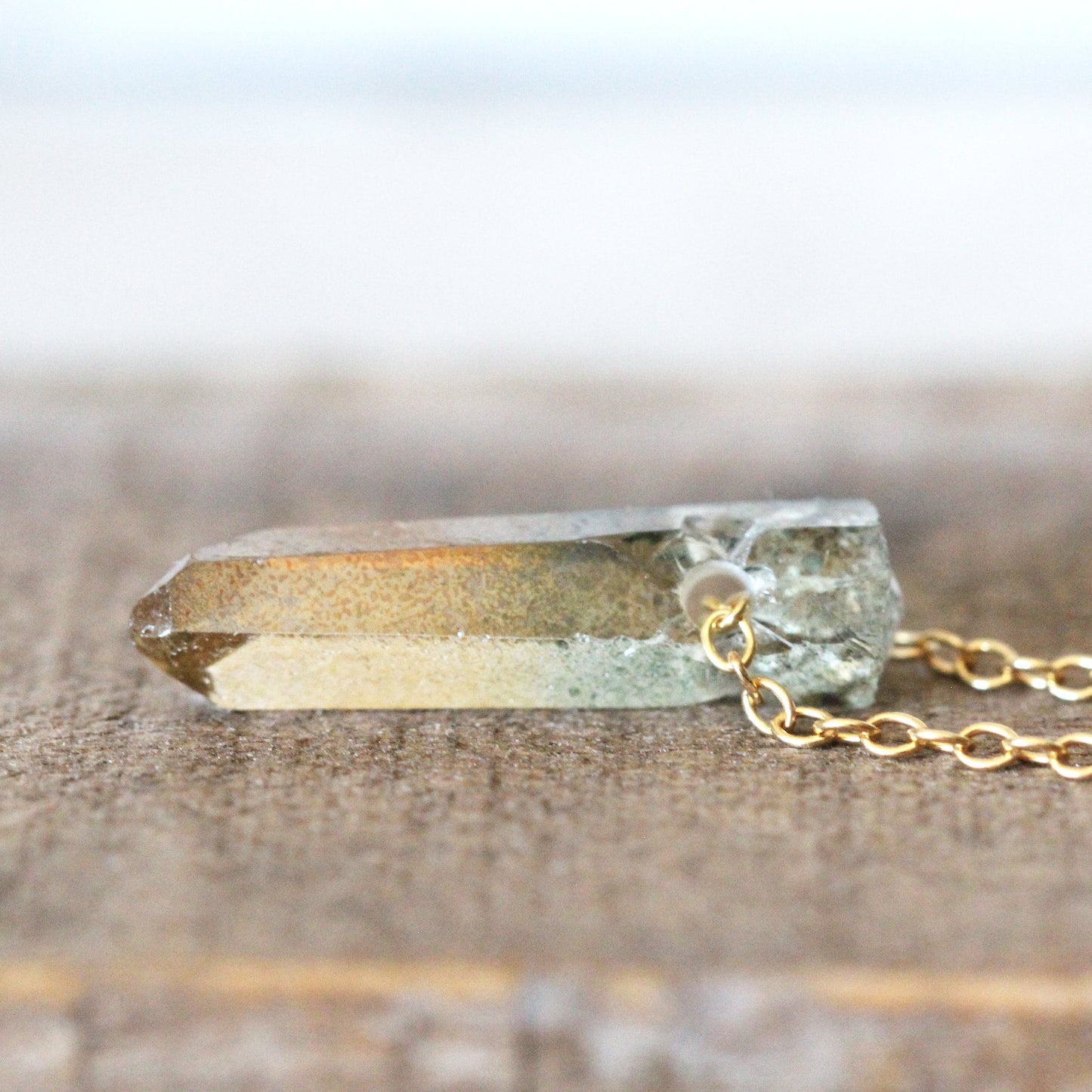 Aura Crystal Pendant - Gold Filled Chain - Hybrid Quartz Crystal - Green Aura - Yellow Aura Necklace