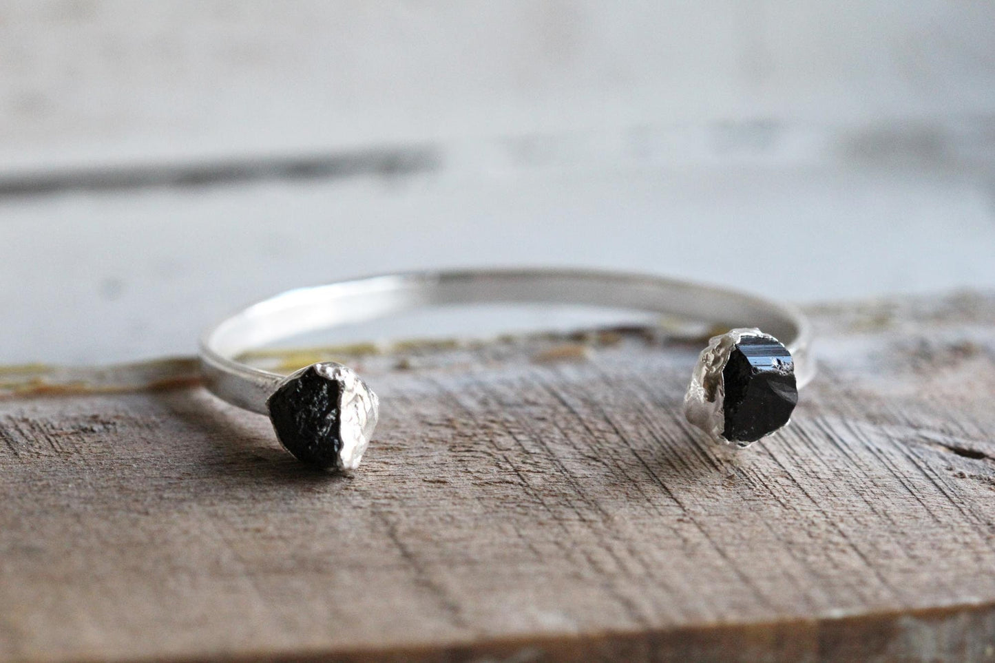 Black Tourmaline Bracelet - Open Copper Cuff - Raw Crystal Bracelet - Double Stone Bracelet