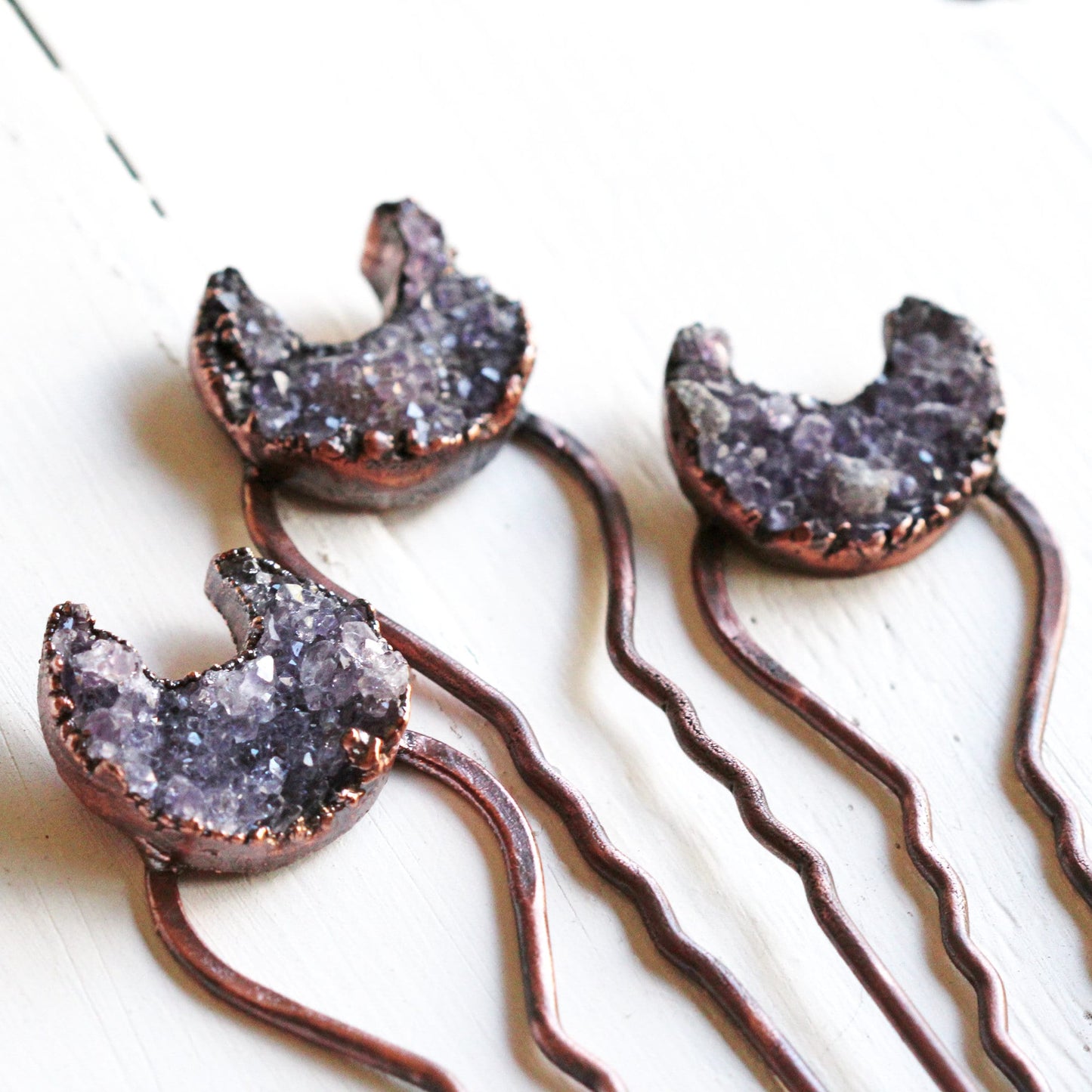 Amethyst Hair Fork - Raw Stone Hair Jewelry - Crescent Moon