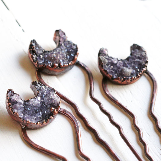 Amethyst Hair Fork - Raw Stone Hair Jewelry - Crescent Moon