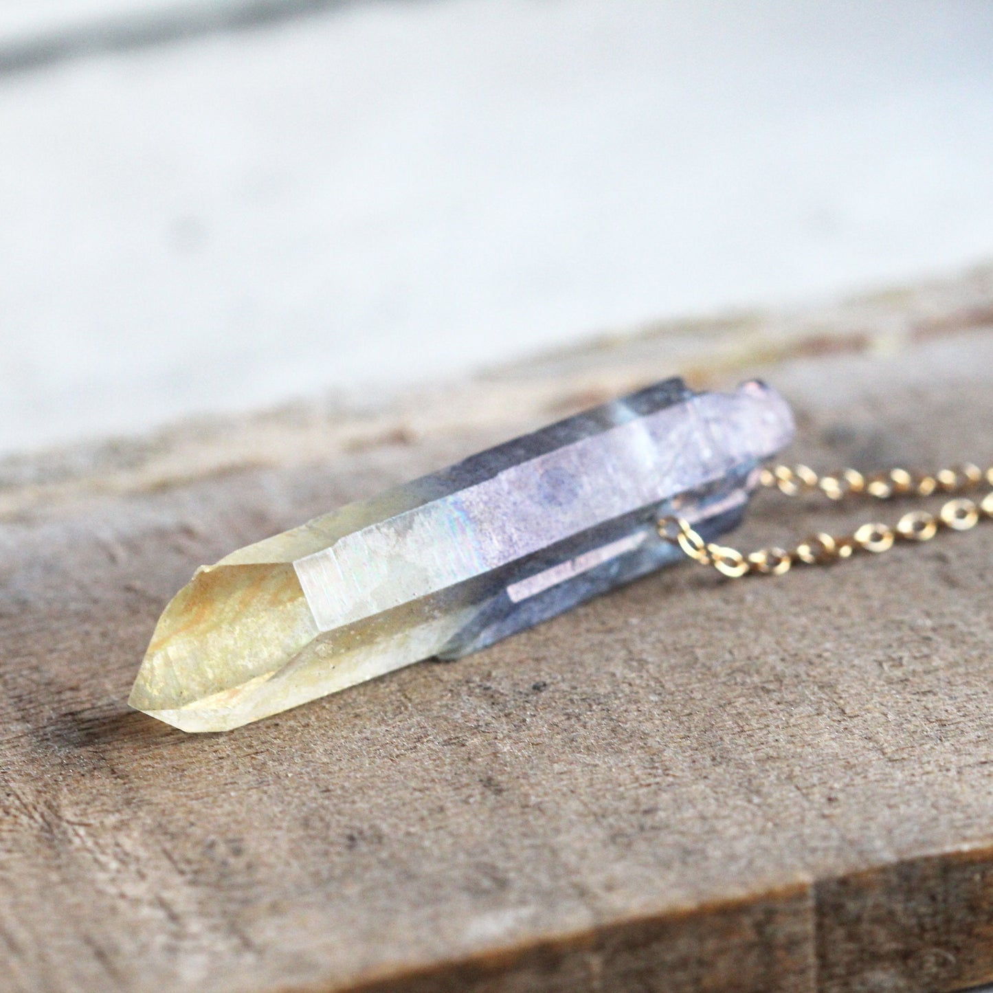 Aura Crystal Pendant - Sterling Silver Chain - Hybrid Quartz Necklace - Yellow Aura - Blue Aura Necklace