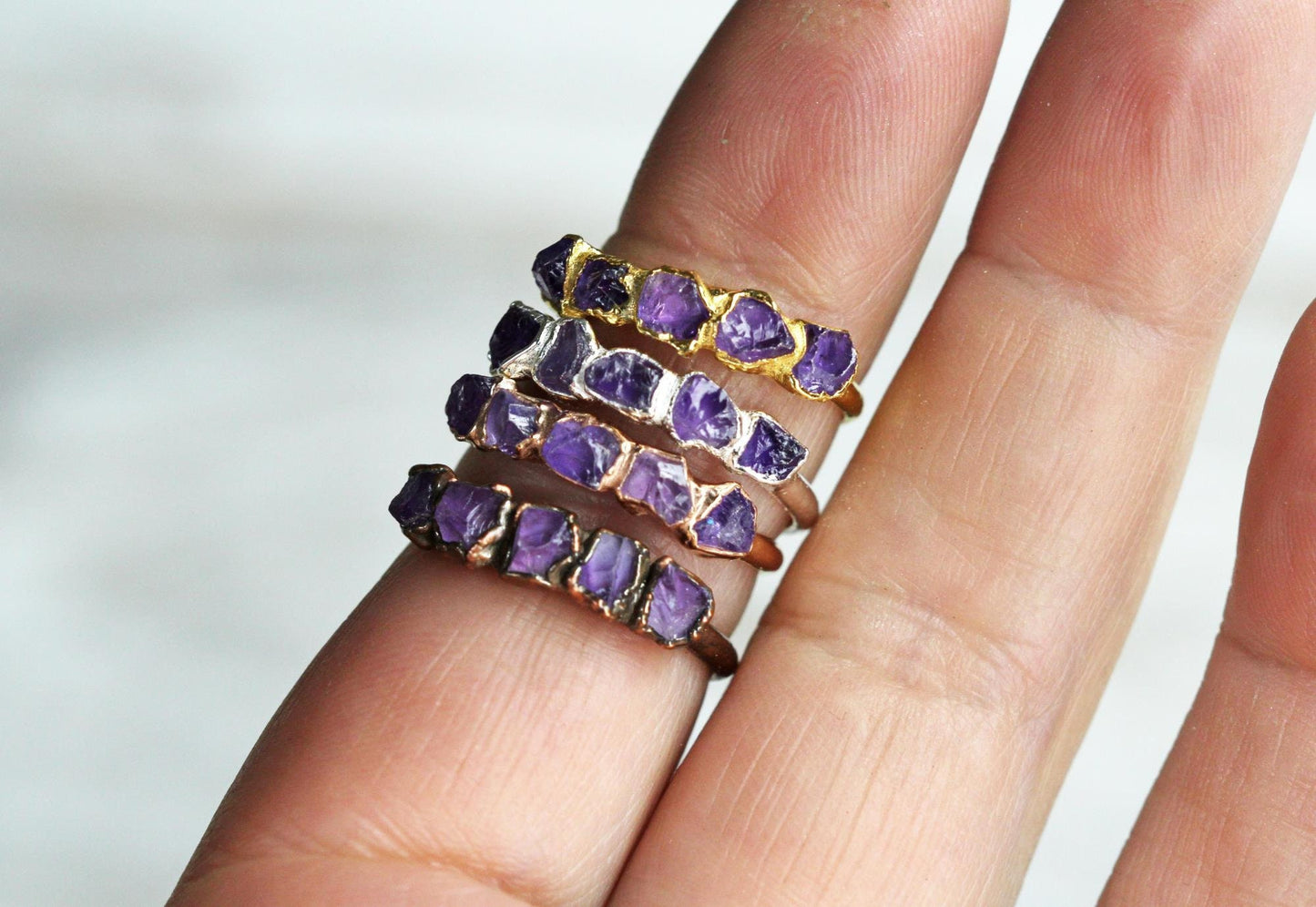 Raw Amethyst Ring - February Birthstone Ring - Multi Stone Stone Ring