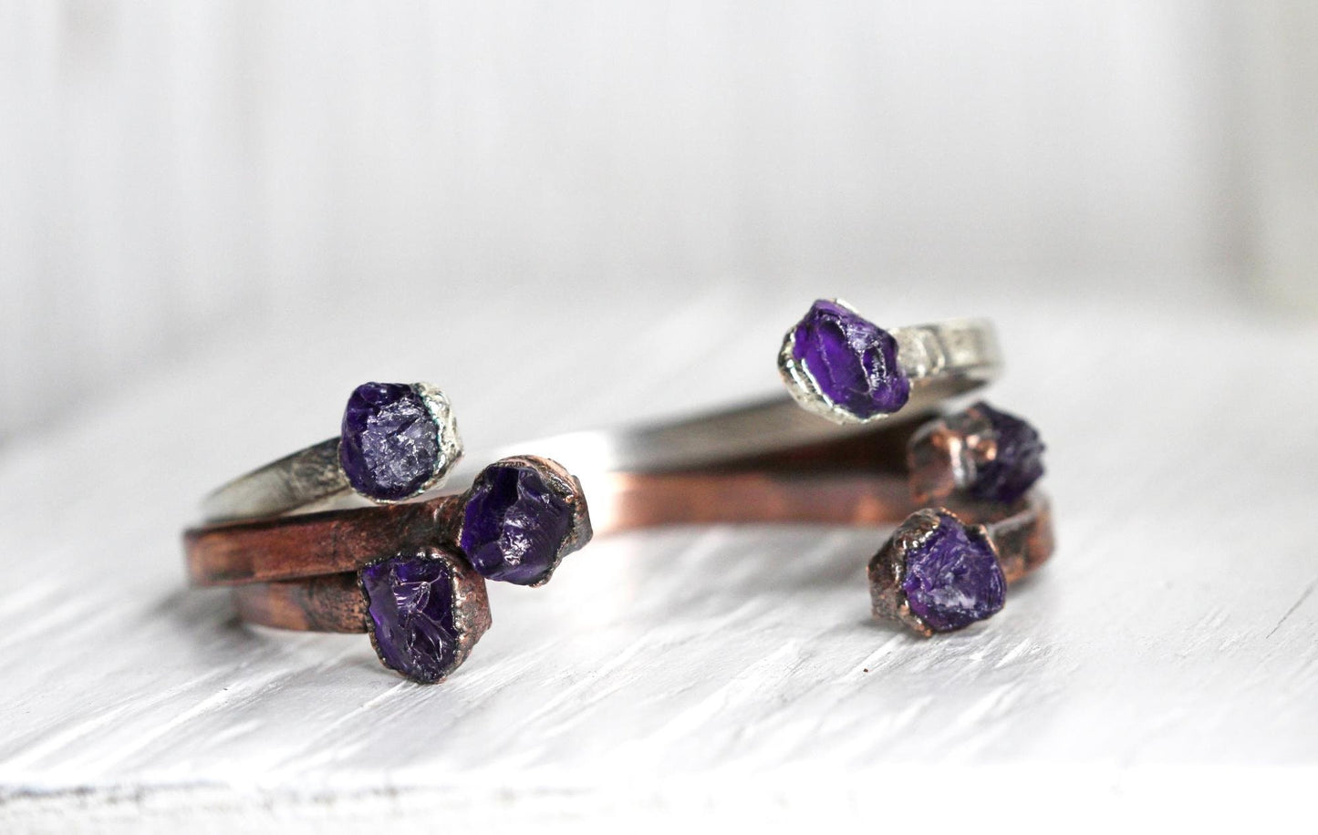 Raw Amethyst Bracelet - February Birthstone - Open Copper Cuff - Raw Crystal Bracelet - Double Stone Bracelet