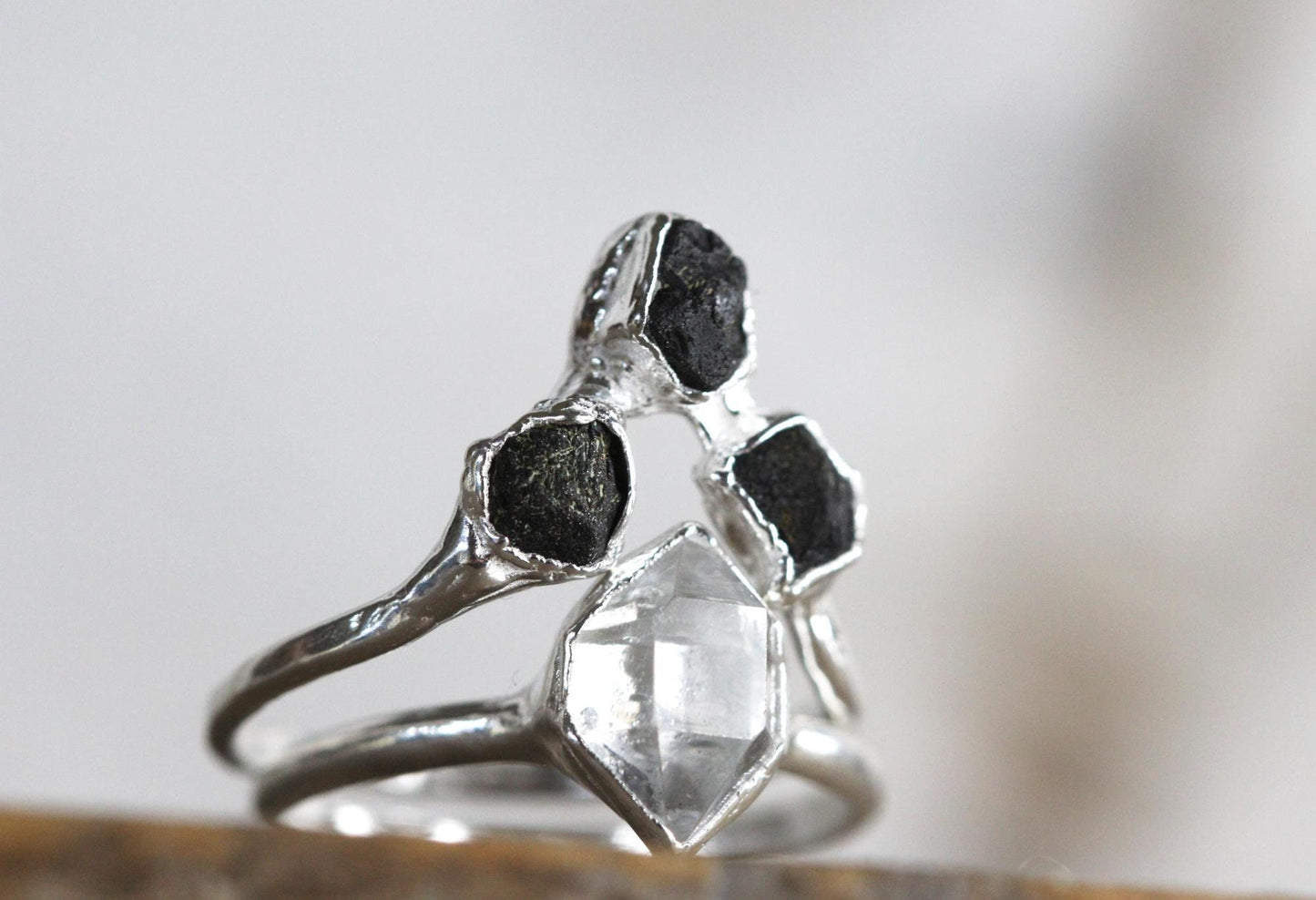 Black Tourmaline Ring Set - Chevron Wedding Set - Raw Stone Engagement Ring