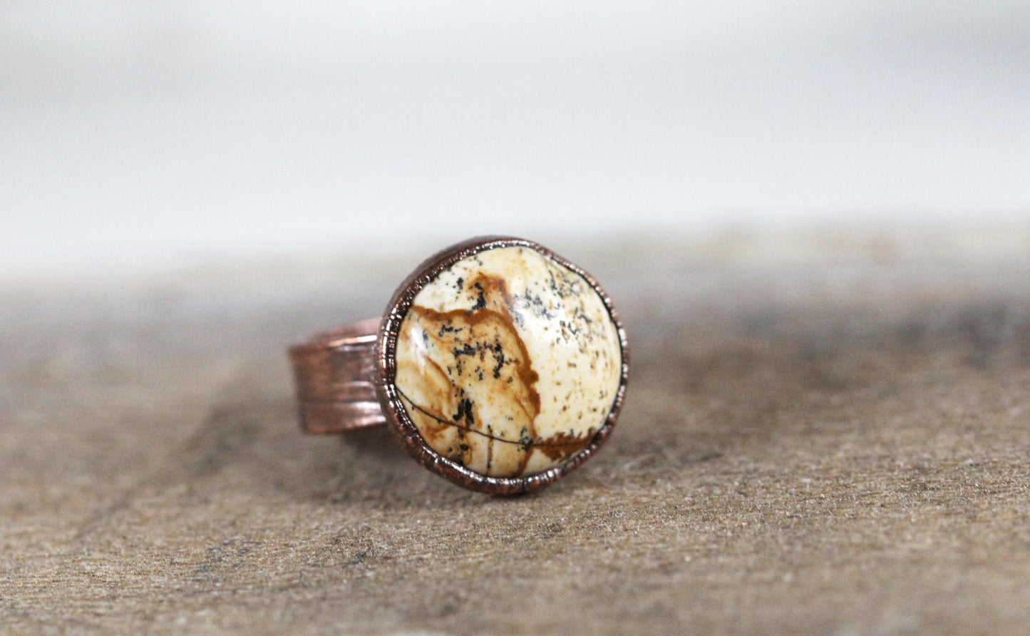 Picture Jasper Ring - Electroformed Copper - Patterned Stone - Wide Band Ring