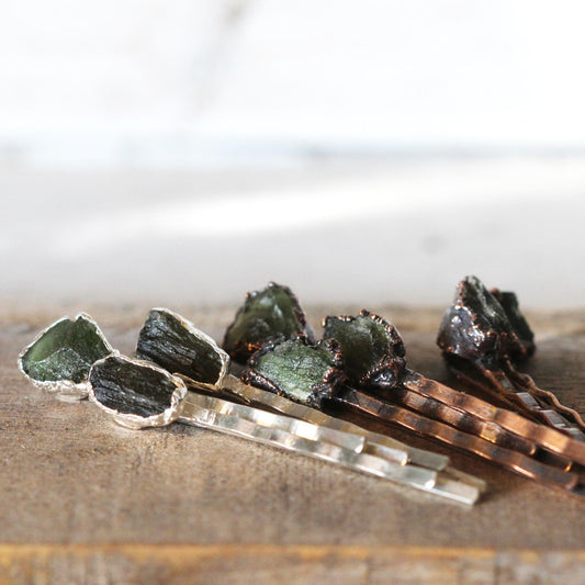 Moldavite Bobby Pin - Stone Hair Jewelry - Green Tektite