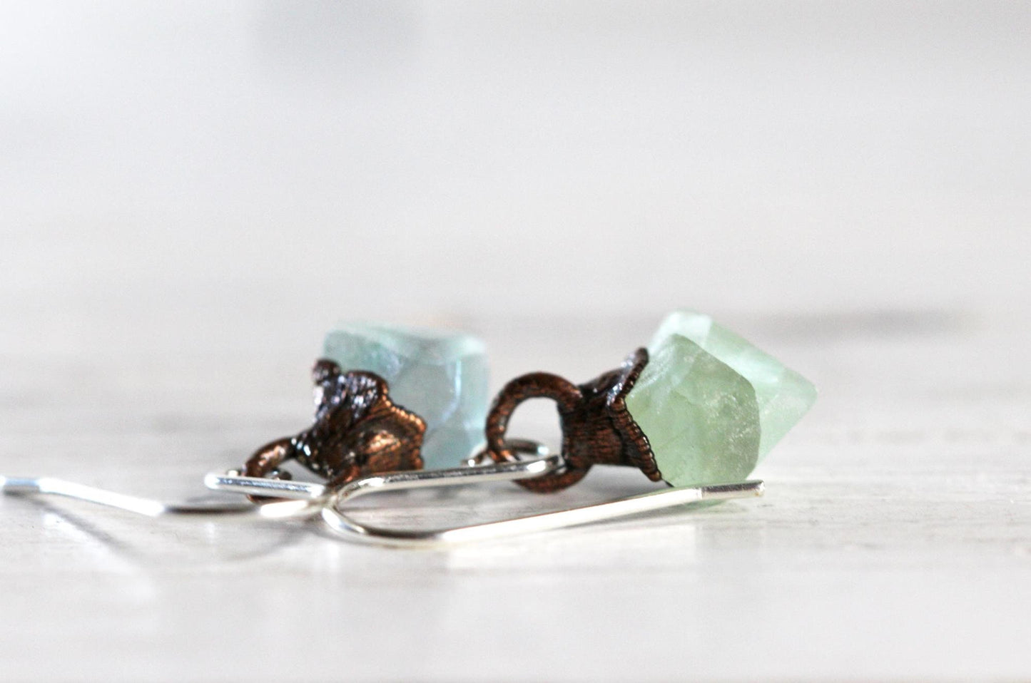 Raw Fluorite Earrings - Crystal Dangles Earrings - Blue Fluorite Jewelry
