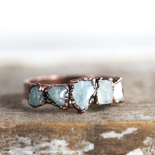 Raw Aquamarine Ring - March Birthstone - Electroformed Crystal