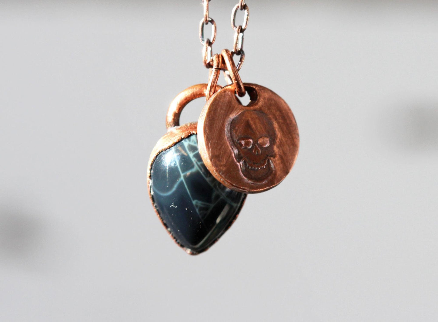 Spiderweb Obsidian Necklace - Charm Necklace - Skull Pendant - Electroformed Jewelry