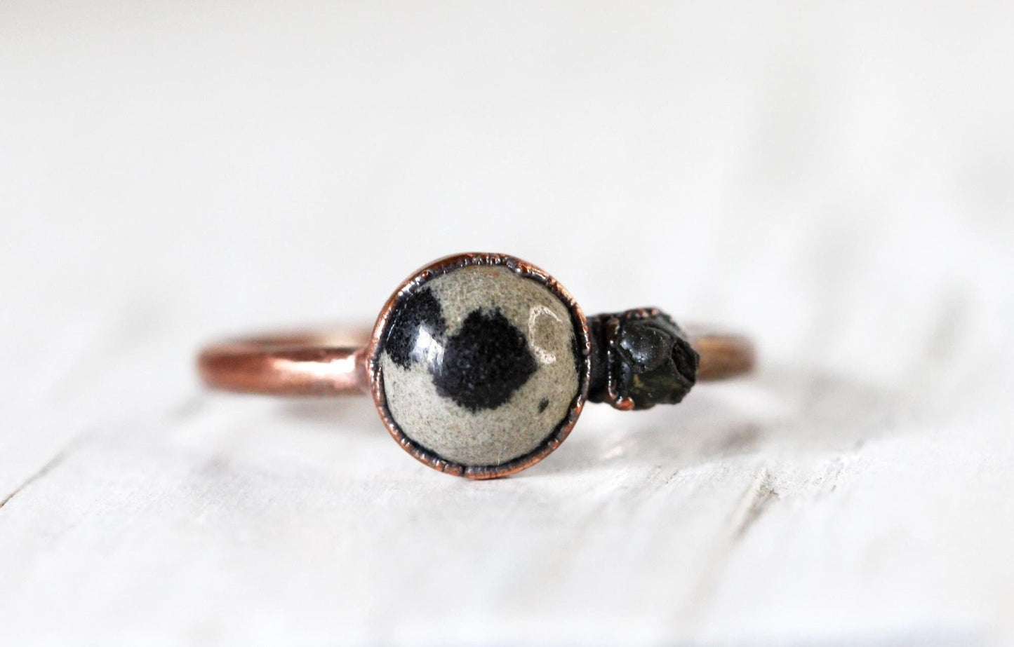 Dalmatian Jasper Ring  - Raw Black Onyx - Gold Vermeil Jewelry