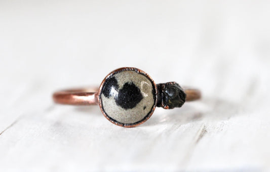 Dalmatian Jasper Ring  - Raw Black Onyx - Gold Vermeil Jewelry