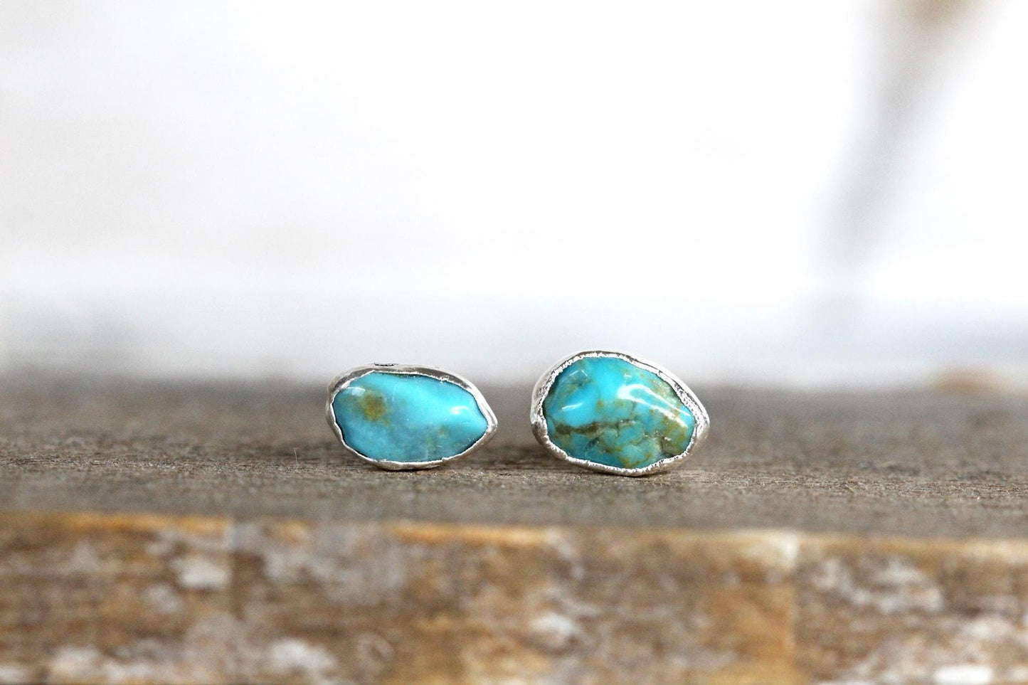 Turquoise Earrings - Bright Blue Stone Posts - Sterling Silver Studs - Electroformed Stone