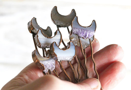 Amethyst Hair Pin - Small Hair Pin - Moon Hair Comb - Druzy Amethyst Slice