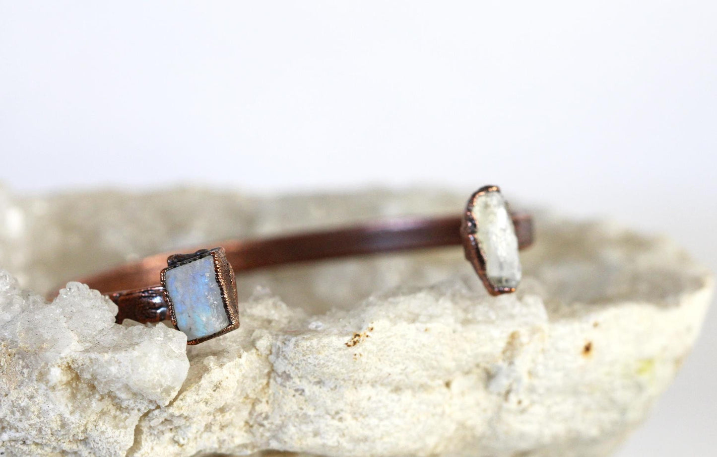 Raw Moonstone Bracelet - June Birthstone - Open Cuff - Raw Crystal Bracelet - Double Stone Bracelet