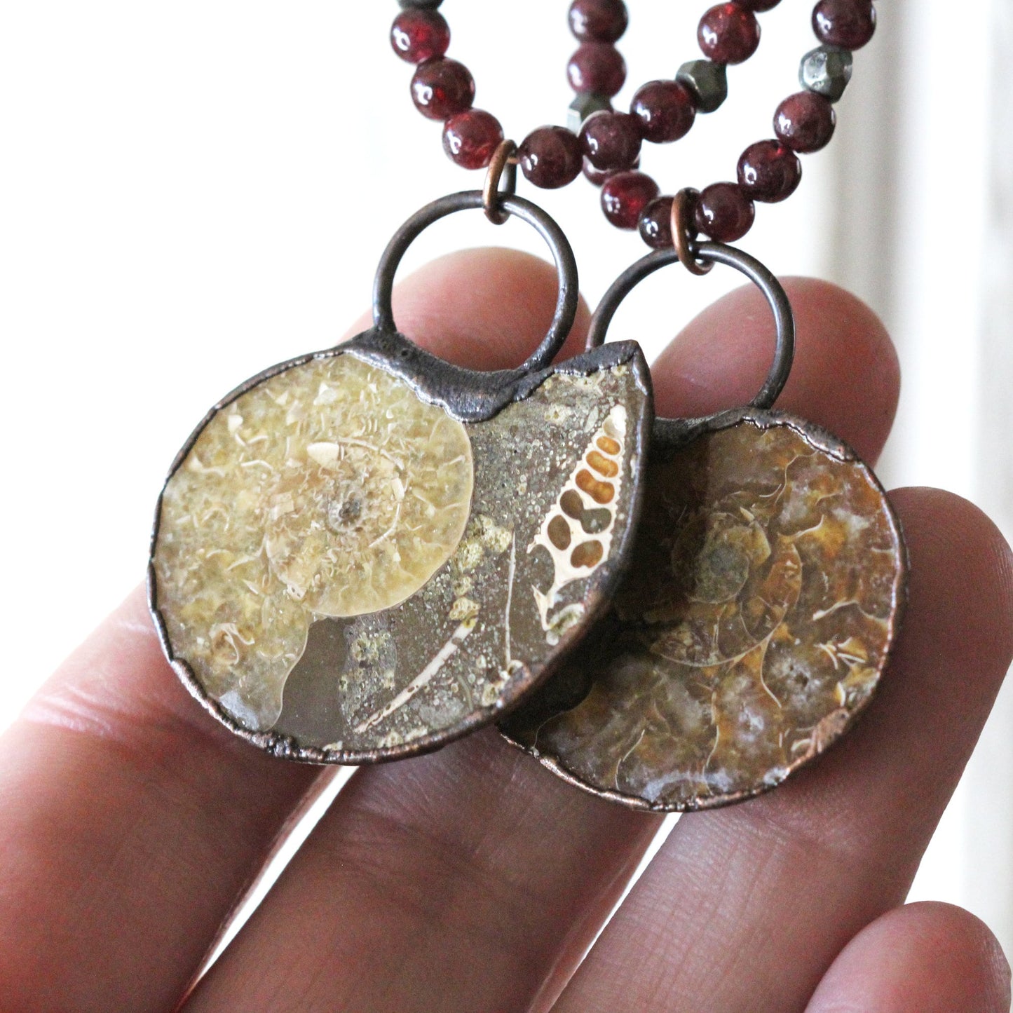 Ammonite Necklace - Fossil Jewelry - Garnet Jewelry - Large Stone Pendant - Unisex Necklace - Beaded Necklace