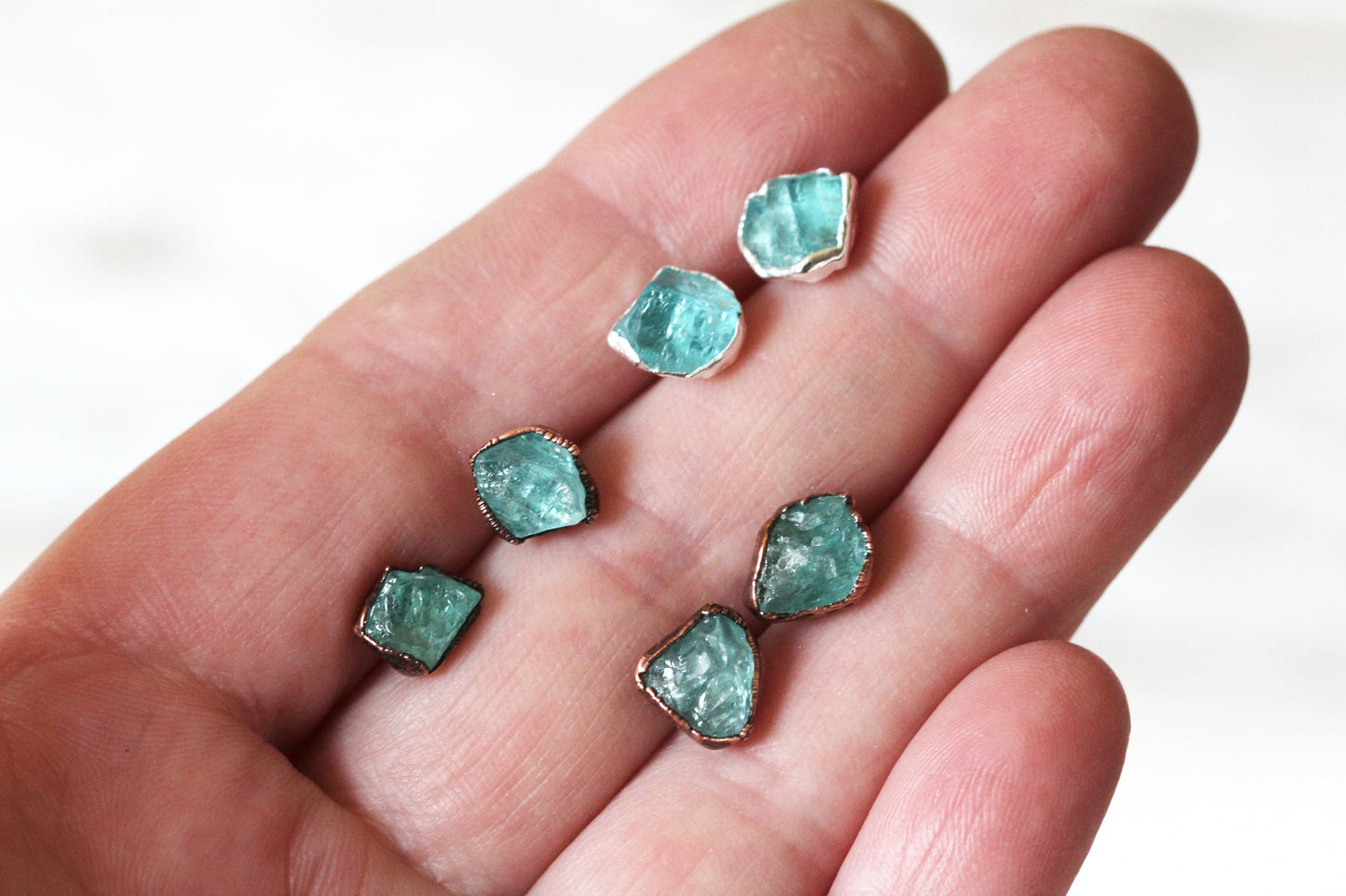 Blue Apatite Earrings - Raw Crystal Earrings - Stone Post Earrings - Sterling Silver Studs