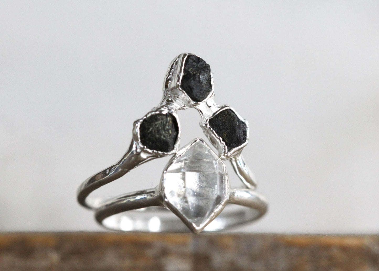Black Tourmaline Ring Set - Chevron Wedding Set - Raw Stone Engagement Ring