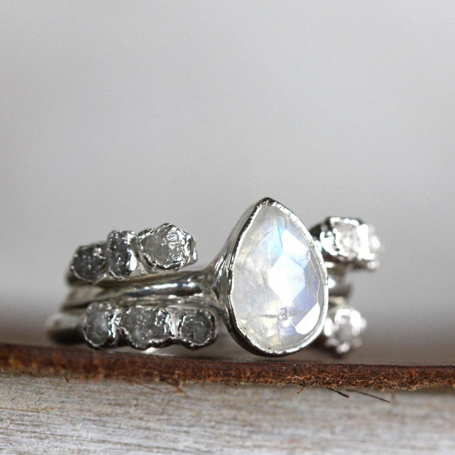 Moonstone Engagement Set - Raw White Diamond Ring - Alternative Wedding Jewelry