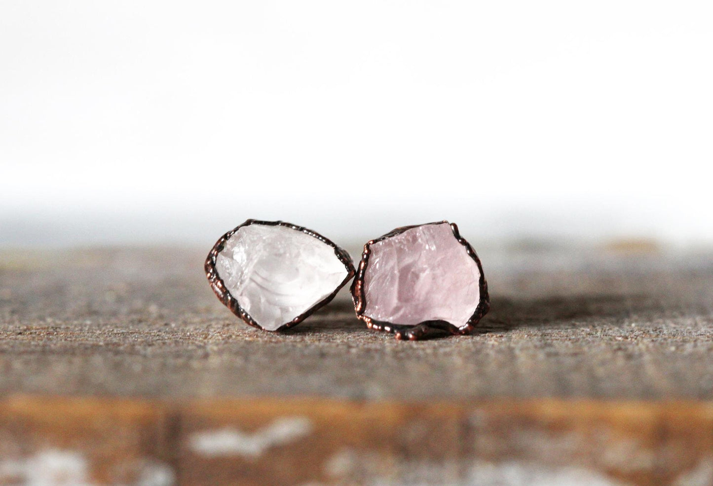 Rose Quartz Earrings - Pink Stone Posts - Raw Crystal Earrings - Sterling Silver Stud Earrings - Copper Jewelry