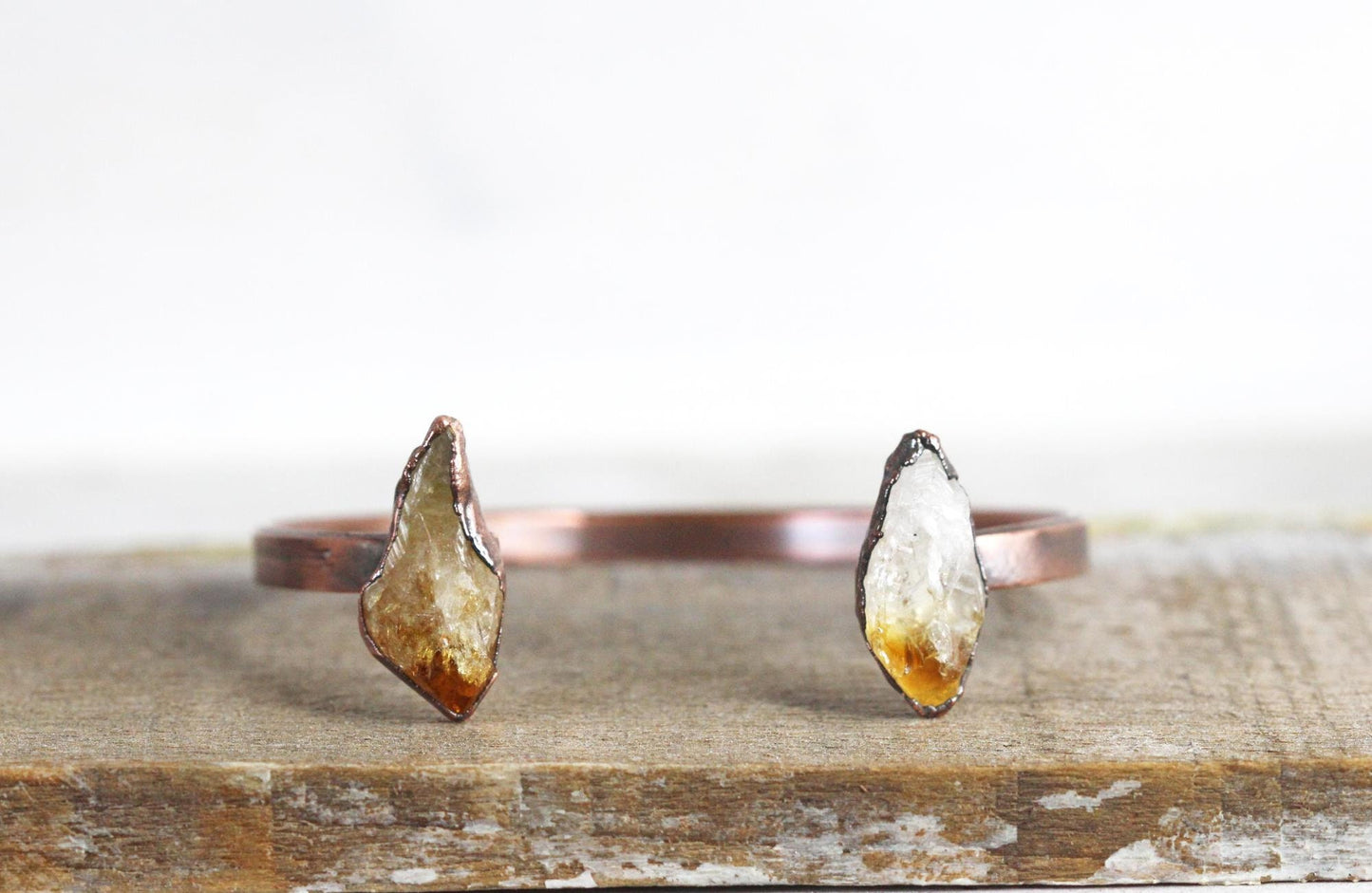 Citrine Bracelet - Open Copper Cuff - Raw Crystal Bracelet - Double Stone Bracelet