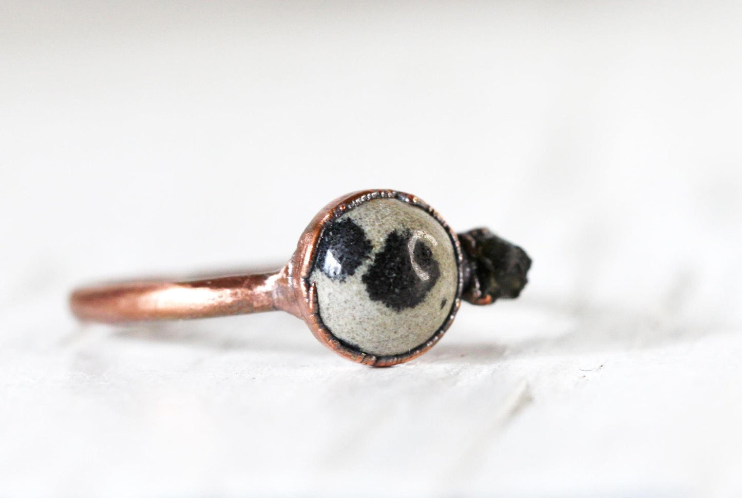 Dalmatian Jasper Ring  - Raw Black Onyx - Gold Vermeil Jewelry