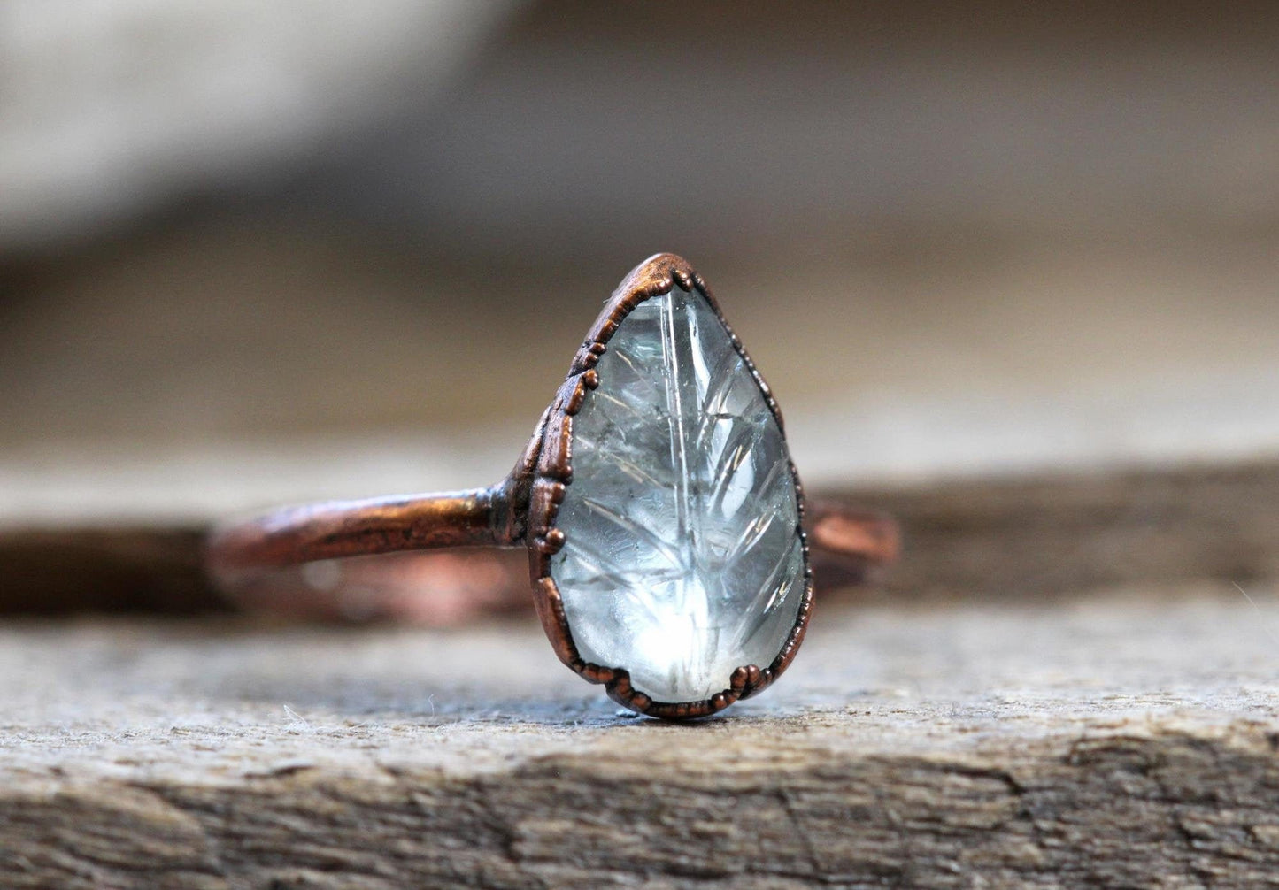 Aquamarine Leaf Ring - Carved Crystal - March Birthstone Jewelry