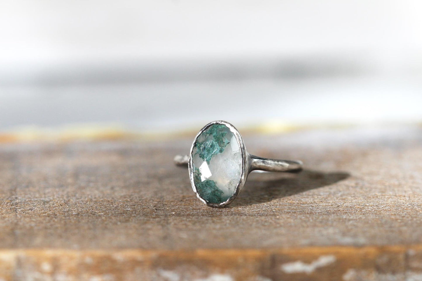 Moss Agate Ring - Faceted Oval Stone - Electroformed Jewelry