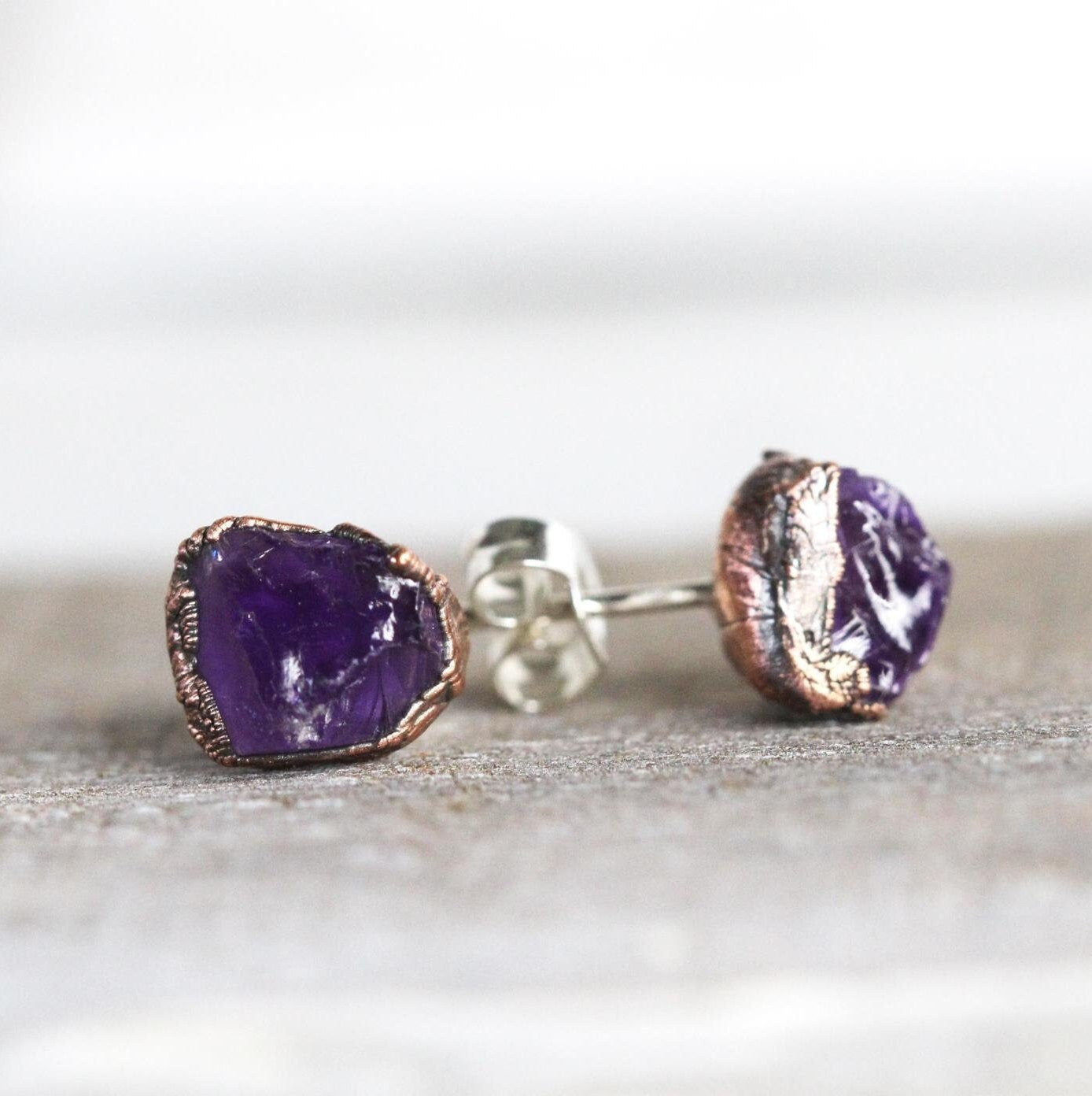 Raw Amethyst Earrings - Crystal Earrings - Sterling Silver Stud Earrings - Amethyst Studs