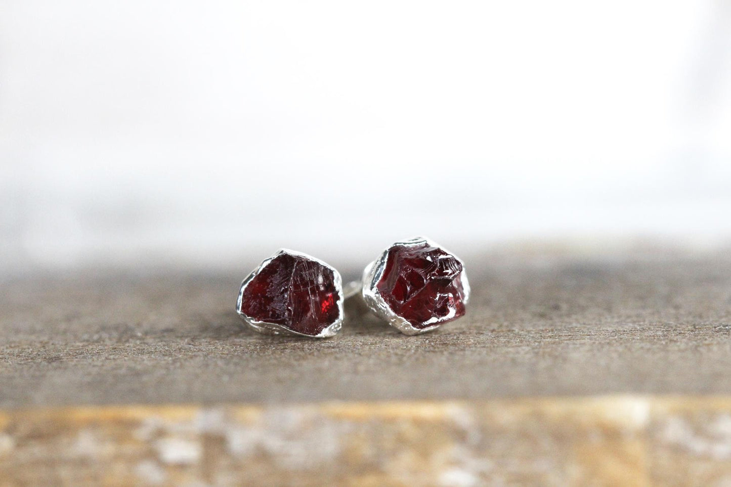 Raw Garnet Earrings - Raw Stone Studs - January Birthstone Jewelry - Crystal Post Earrings