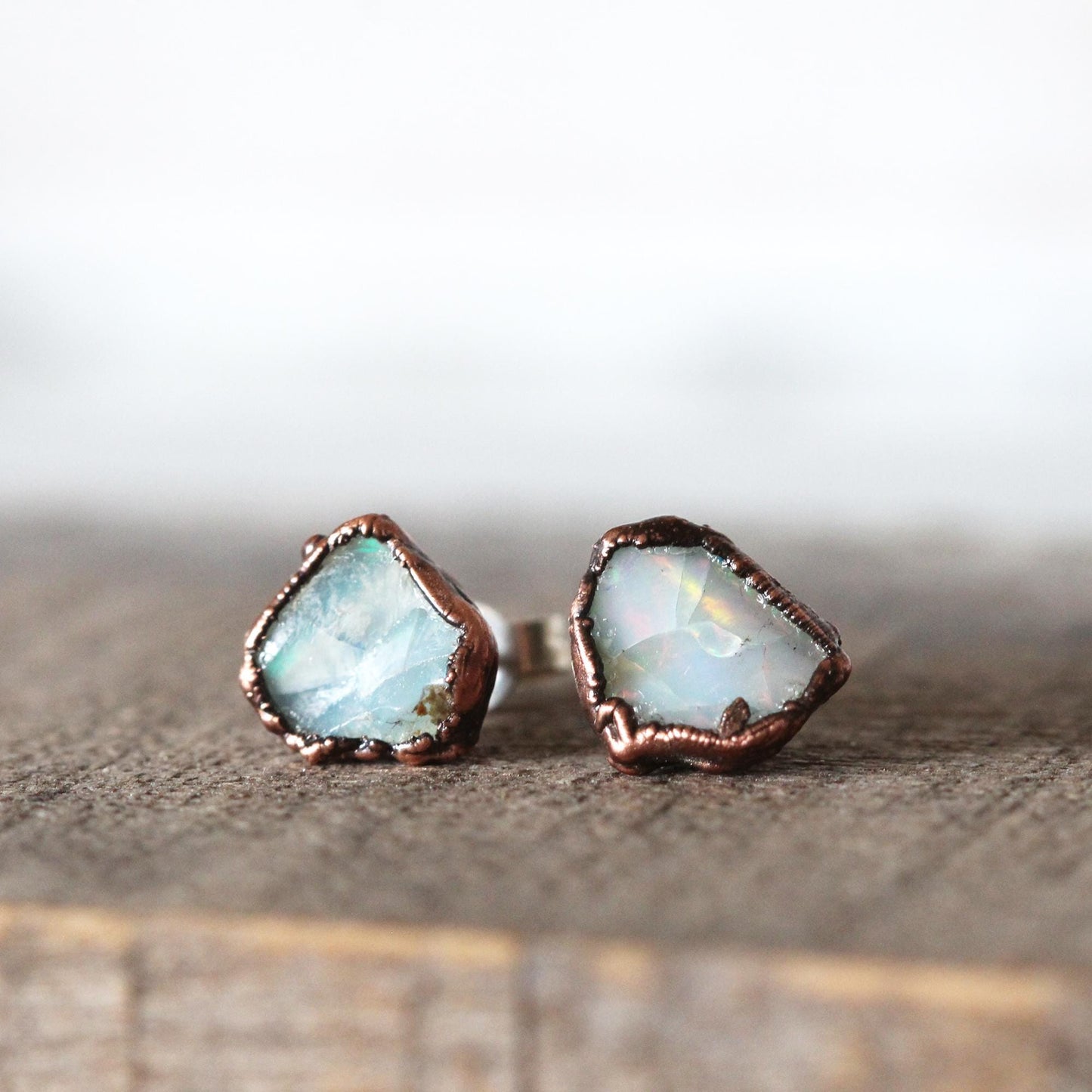 Opal Earrings - Raw Stone Studs - Rough Ethiopian Opal