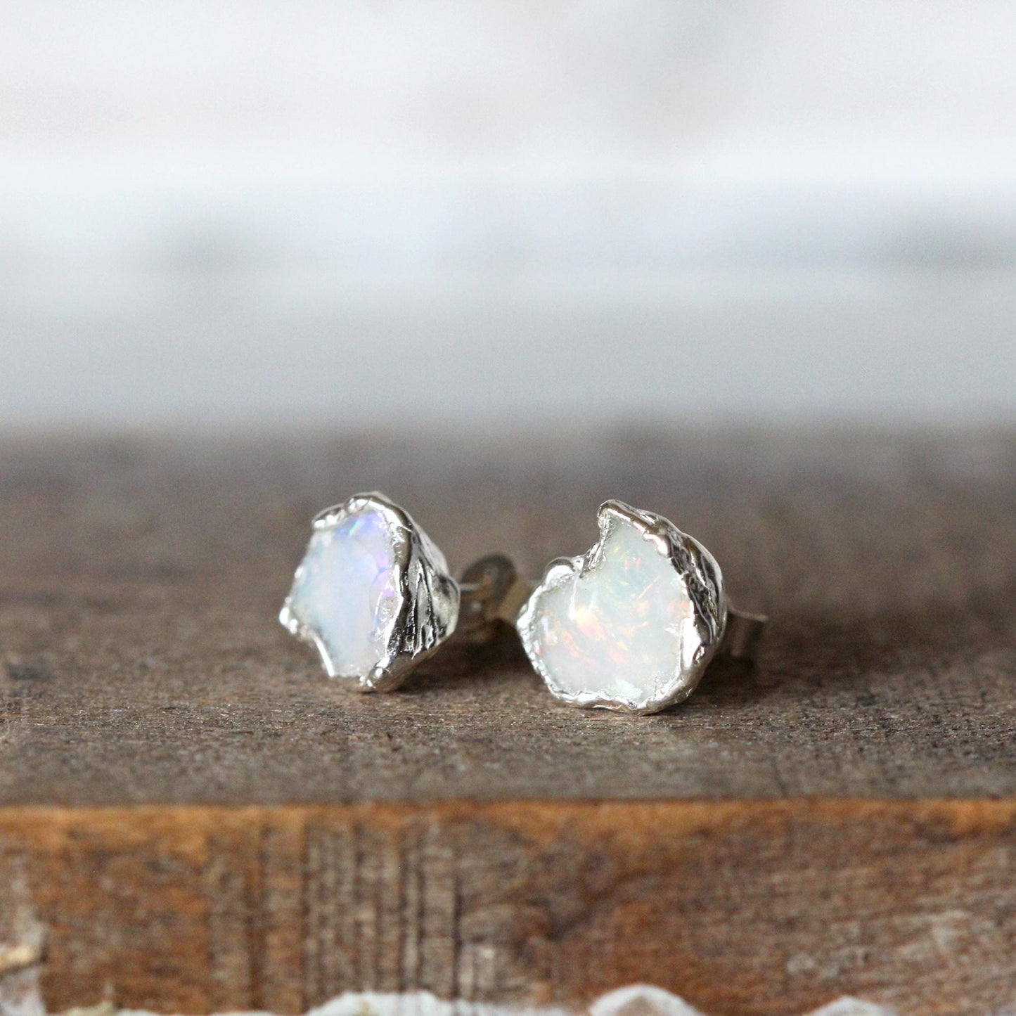 Opal Earrings - Raw Stone Studs - Rough Ethiopian Opal