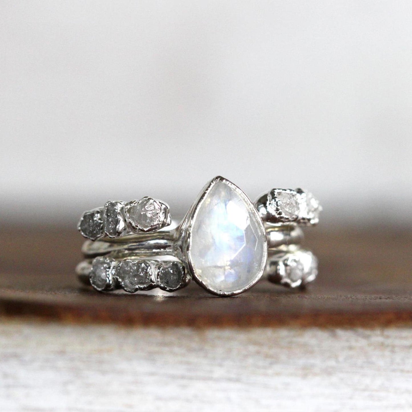 Moonstone Engagement Set - Raw White Diamond Ring - Alternative Wedding Jewelry