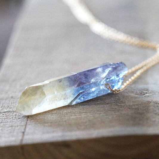 Aura Crystal Pendant - Sterling Silver Chain - Hybrid Quartz Necklace - Yellow Aura - Blue Aura Necklace