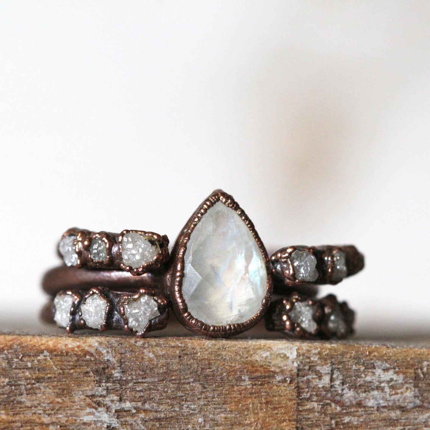 Moonstone Engagement Set - Raw White Diamond Ring - Alternative Wedding Jewelry