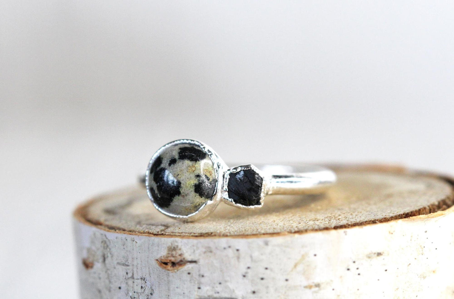 Dalmatian Jasper Ring  - Raw Black Onyx - Gold Vermeil Jewelry