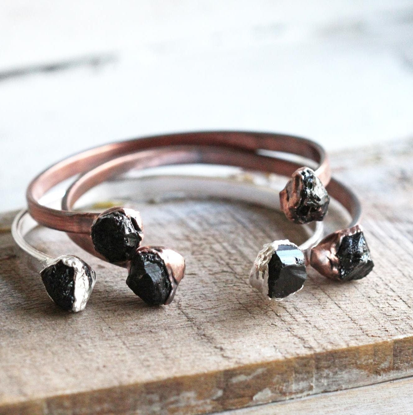 Black Tourmaline Bracelet - Open Copper Cuff - Raw Crystal Bracelet - Double Stone Bracelet