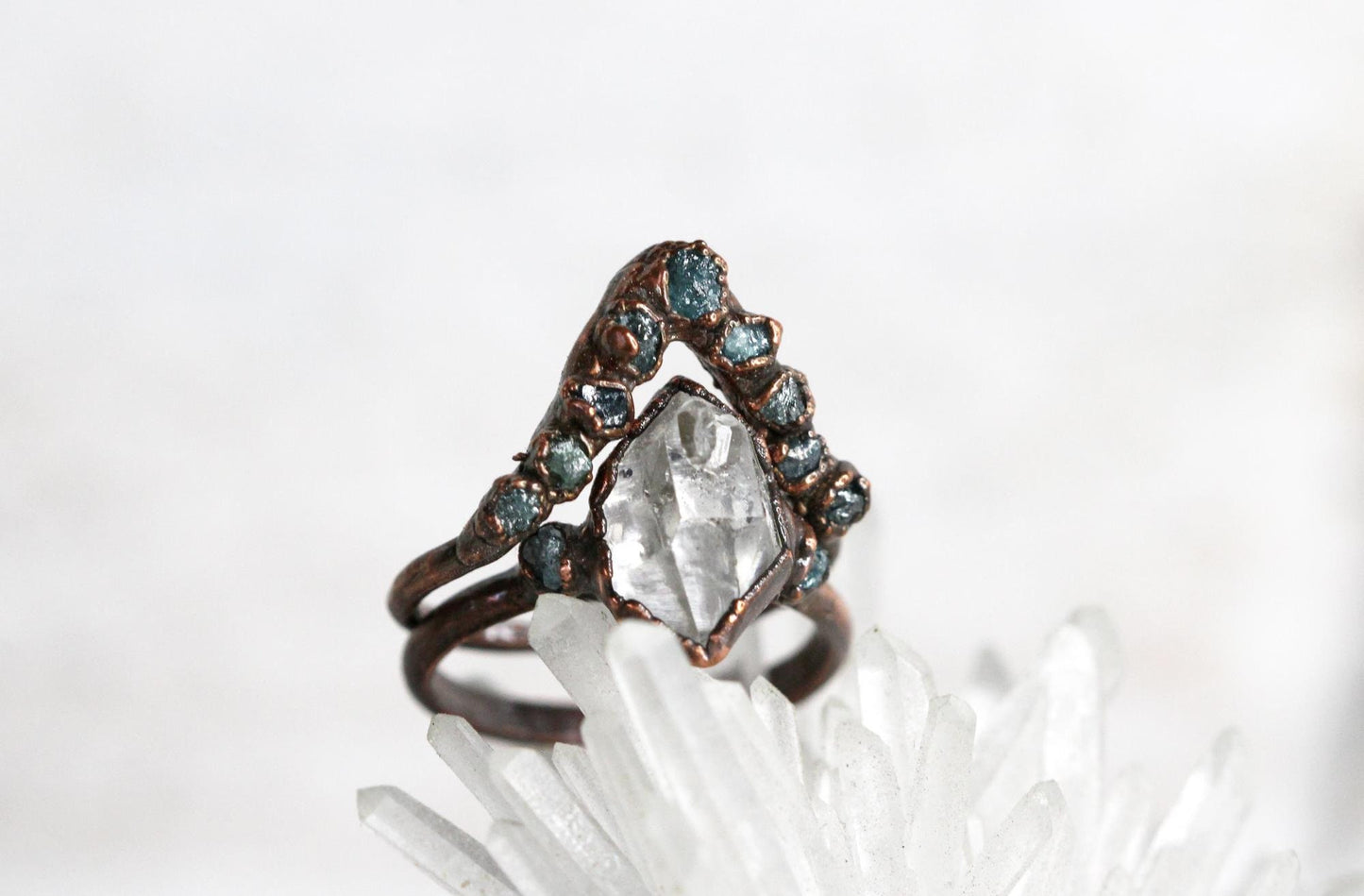 Raw Diamond Wedding Ring Set - Blue Diamond Engagement Ring - Herkimer Wedding Ring - Conflict Free Diamond Wedding Ring