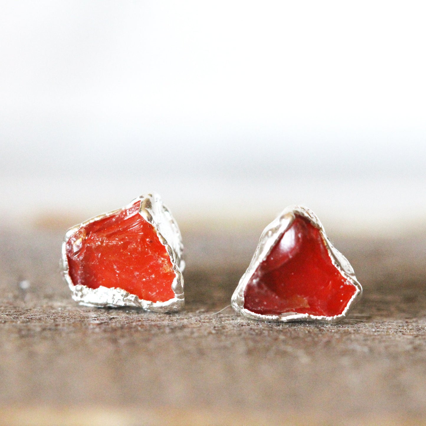 Carnelian Earrings - Sterling Silver Earrings - Rough Stone Studs - Crystal Earrings