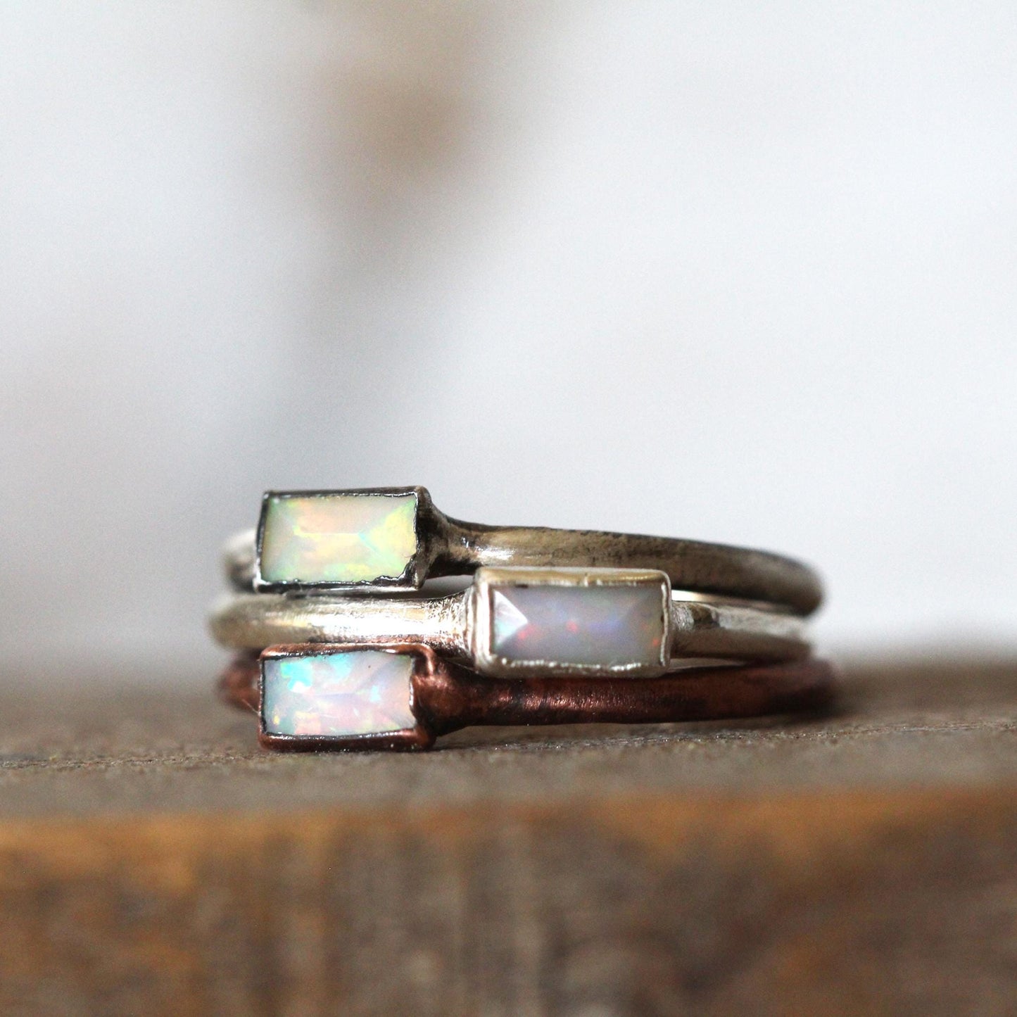 Ethiopian Opal Ring - Stone Baguette - Copper or Silver