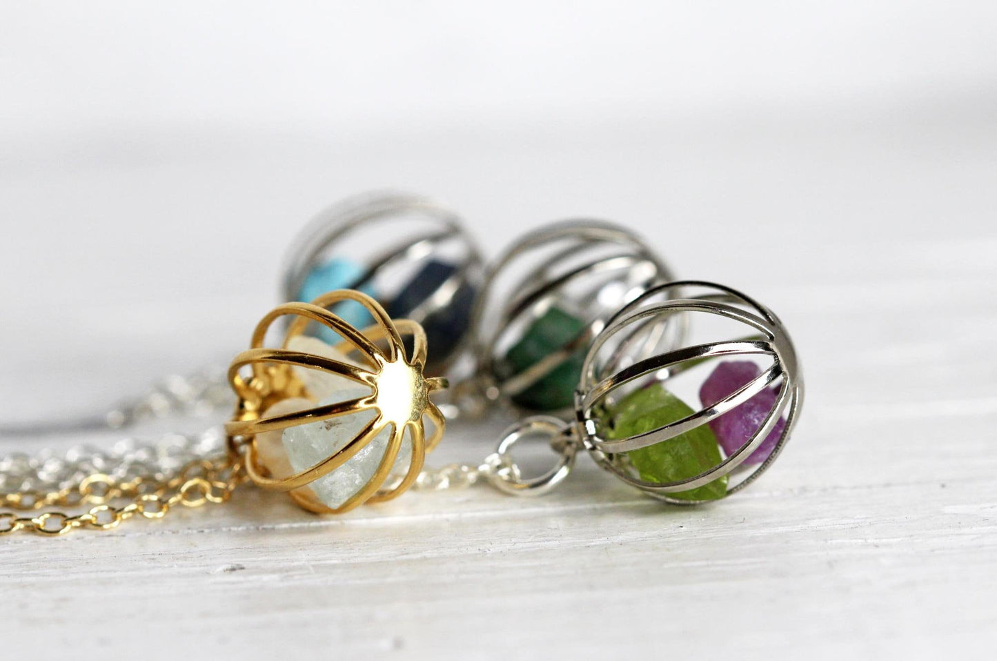 Mothers Day Necklace  - Birthstone Cage Necklace - Personalized Crystal Pendant
