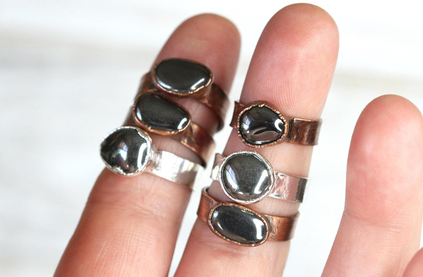Tumbled Hematite Ring - Silver Grey Stone Ring - Men's Jewelry