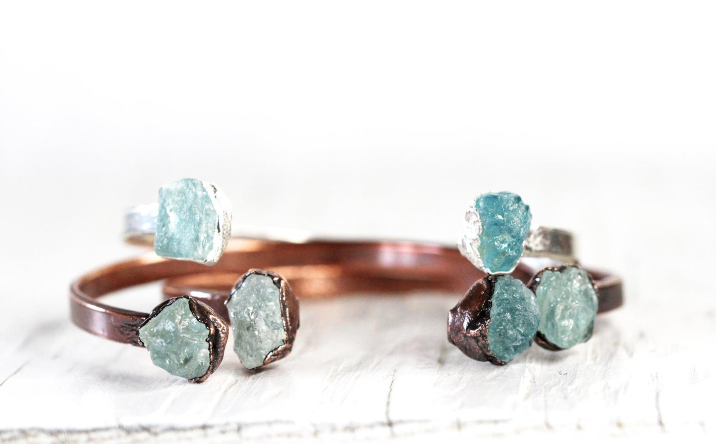 Raw Aquamarine Bracelet - March Birthstone - Open Copper Cuff - Raw Crystal Bracelet - Double Stone Bracelet